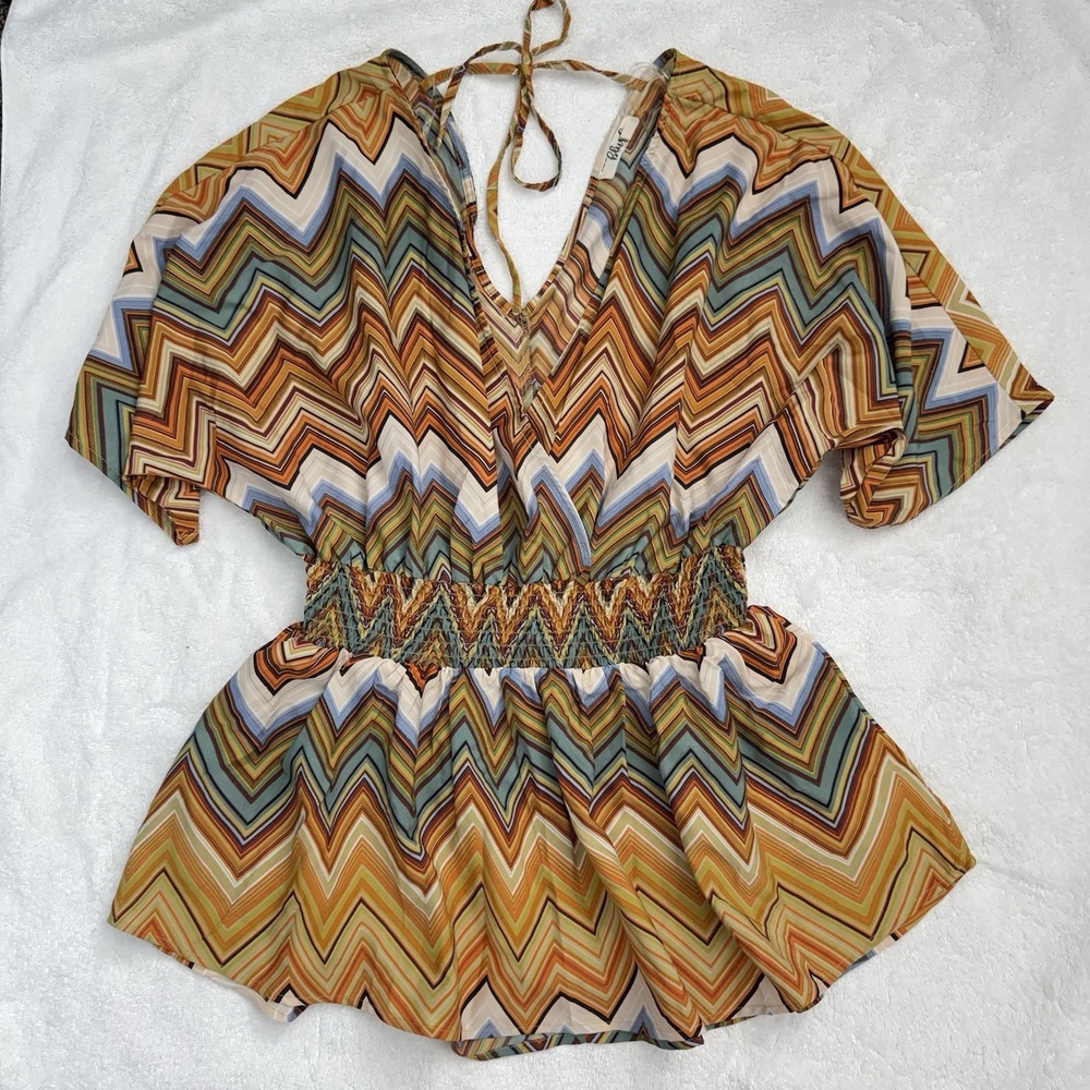 Hint Of Blush Chevron Boho Top 1X Smocked Waist V Neck Retro Mod Inspired Twiggy